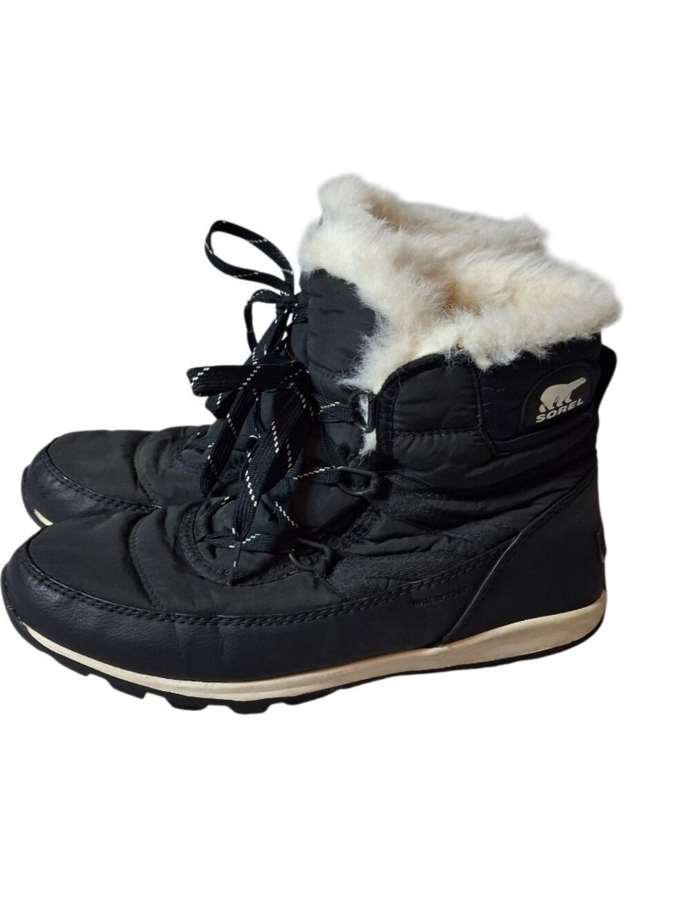 Sorel Whitney Short Lace Boot Women 10 Black Waterproof Faux Fur Snow NL2776-010